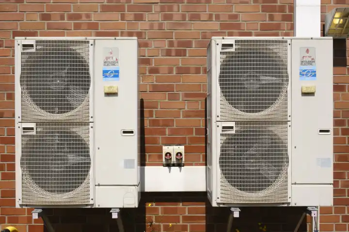 Geräte für Klimaanlage an einer Hauswand, Nordrhein-Westfalen, Deutschland, Europa