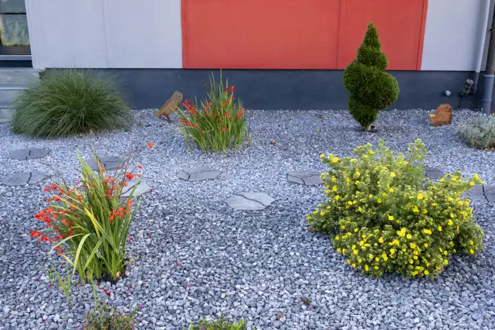 Moderner Vorgarten mit Schottersteinen, Nordrhein-Westfalen, Deutschland, Europa