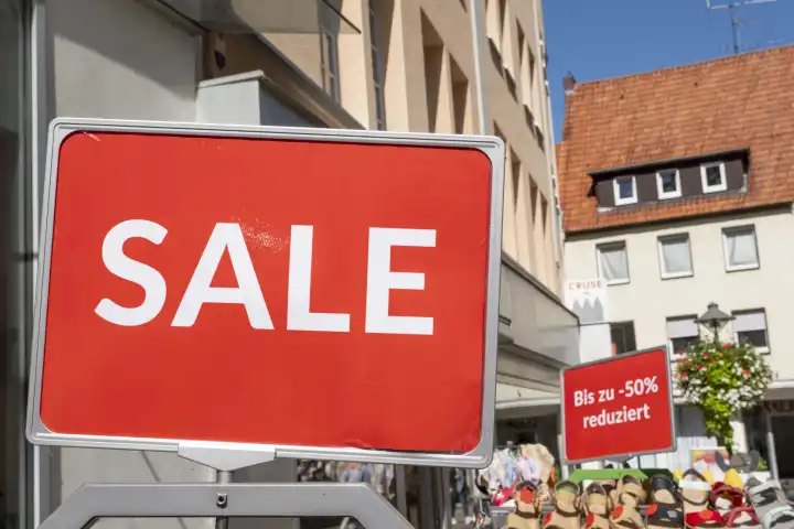 Sign Sale in pedestrian zone, Soest, North Rhine-Westphalia, Germany, Europe
