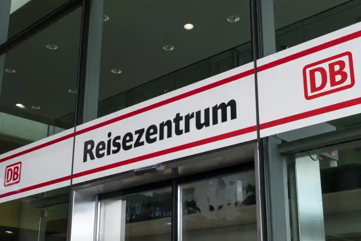 DB travel center, sign with writing and logo, North Rhine-Westphalia, Germany, Europe
