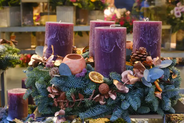 Advent wreath in front of a flower store, North Rhine-Westphalia, Germany, Europe