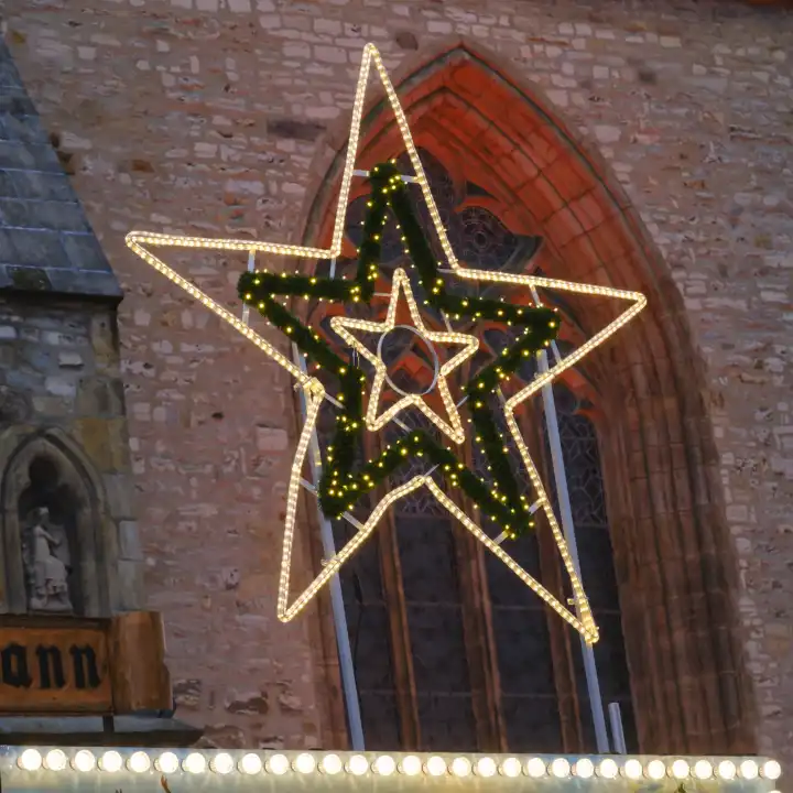 Illuminated large poinsettia in front of the cathedral, Christmas market, Paderborn, Westphalia, North Rhine-Westphalia, Germany, Europe