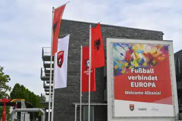 UEFA Euro 2024, Banner at the entrance to the Kaiserau sports center, home of the Albania national soccer team, Methler, Kamen, Ruhr area, North Rhine-Westphalia, Germany, Europe