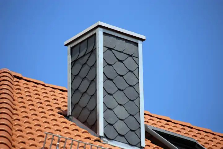 Neu gedecktes Dach mit schieferverkleidetem Kamin
