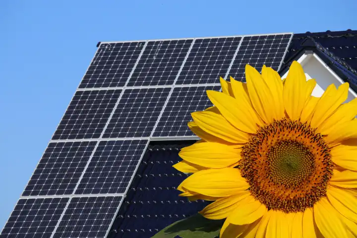 Solardach (Photovoltaikanlage) mit Sonnenblume im Vordergrund