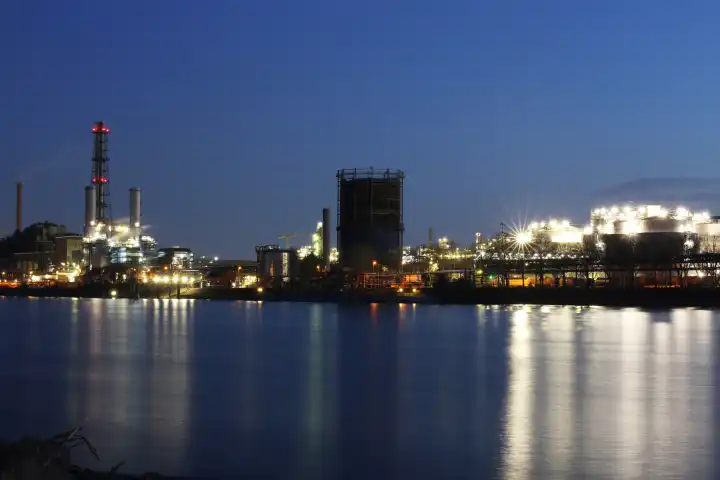 Evening shot of BASF in Ludwigshafen with the Rhine in the foreground Germany