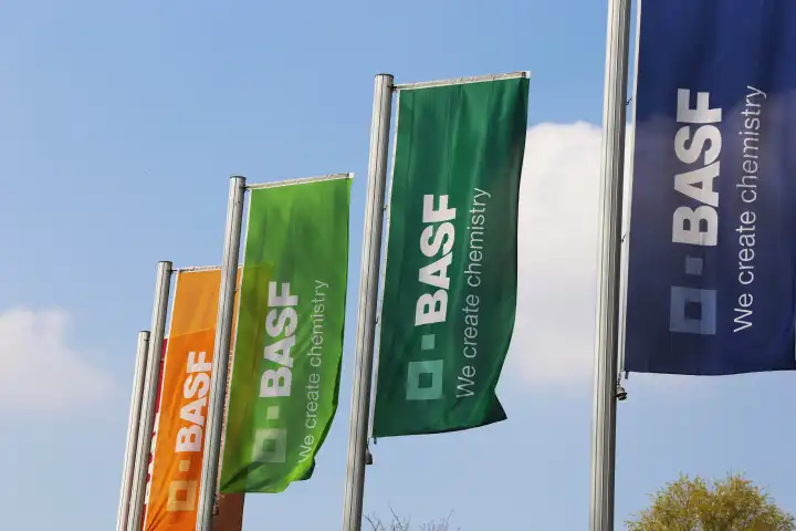 Flaggen der BASF beim Werksgelände Ludwigshafen