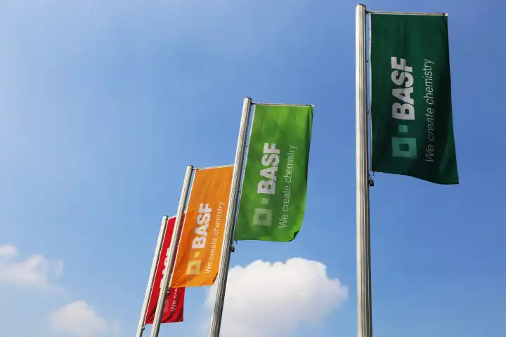 BASF flags at the Ludwigshafen site, Germany