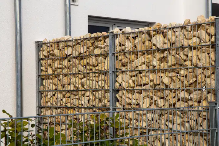Close up of a gabion as a modern and high-quality visual protection and property boundary on a residential house
