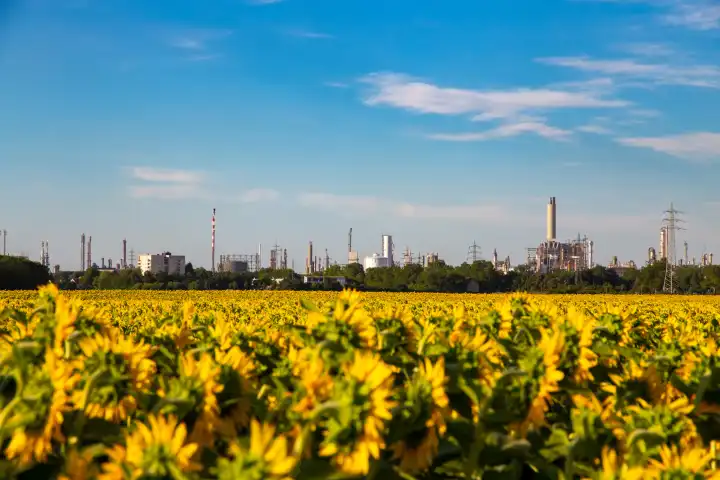Sunflower field in Ludwigshafen, BASF in the background