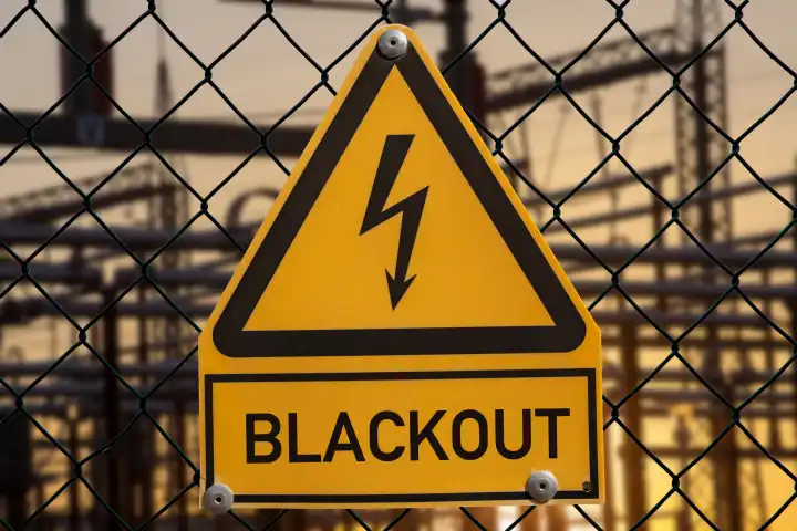 Symbolbild: Unter einem Schild das üblicherweise vor Hochspannung warnt steht das Wort Blackout