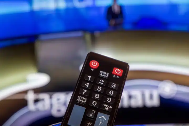 Symbolic image of broadcasting contribution, contribution service, ARD: close-up of a remote control in front of a television set