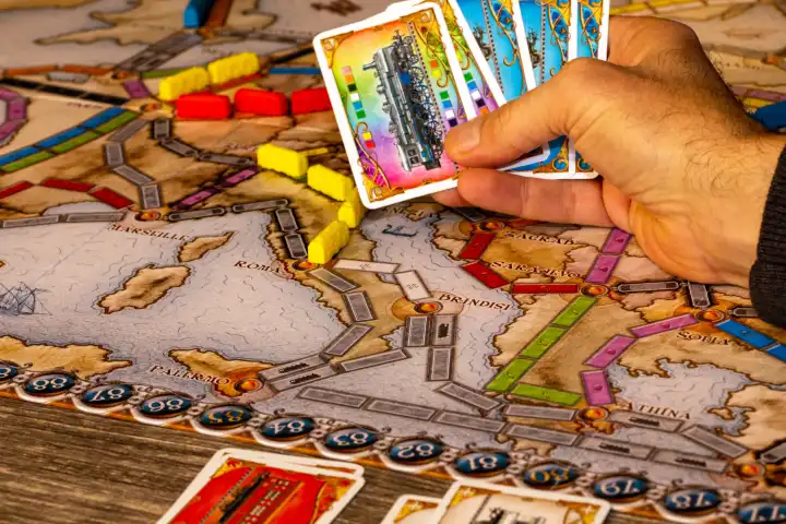 Close-up of the popular strategy game Ticket to Ride, Board Game of the Year 2004.