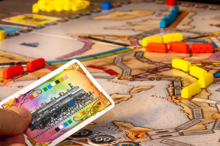 Close-up of the popular strategy game Ticket to Ride, Board Game of the Year 2004.