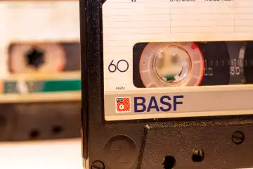 Close-up of two audio cassettes from BASF from the 1980s