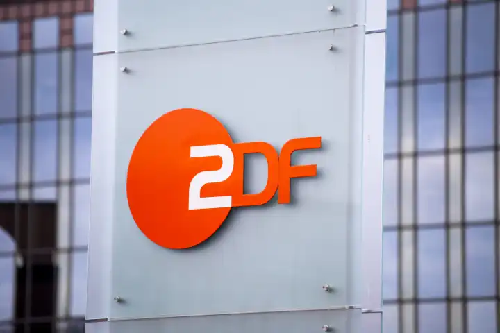 Close-up of the ZDF logo at the broadcasting center 2 in Mainz