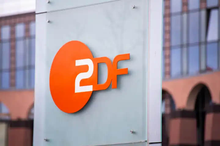 Close-up of the ZDF logo at the broadcasting center 2 in Mainz