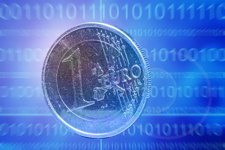 Symbolbild digitaler Euro: Ein-Euro-Münze vor einem virtuellen Hintergrund