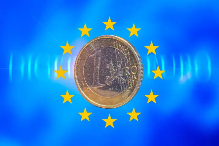 Digital euro symbol image: one-euro coin against a virtual background