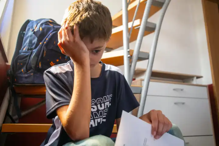 Sad student sits on a staircase with his report card in his hand (symbol image, model released)