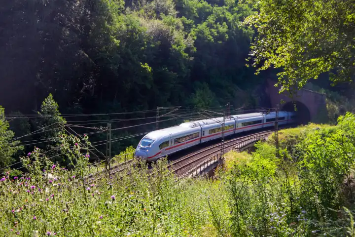 ICE (Intercity Express) in the Palatinate Forest. The train is on its way from Frankfurt to Paris. With stops in Mannheim, Kaiserslautern and Saarbrücken, it takes six hours to reach the French capital