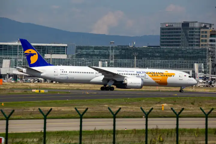 A passenger aircraft of Mongolian Airlines at Frankfurt Airport