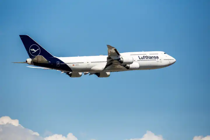 A Lufthansa passenger aircraft takes off at Frankfurt Airport