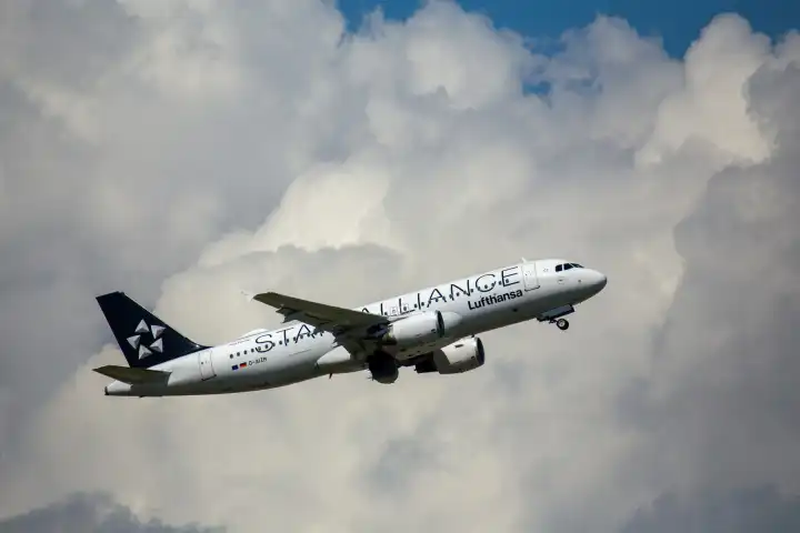 A Lufthansa Star Alliance passenger aircraft takes off at Frankfurt Airport