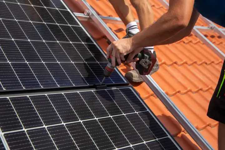 Montage einer Photovoltaikanlage an einem Einfamilienhaus