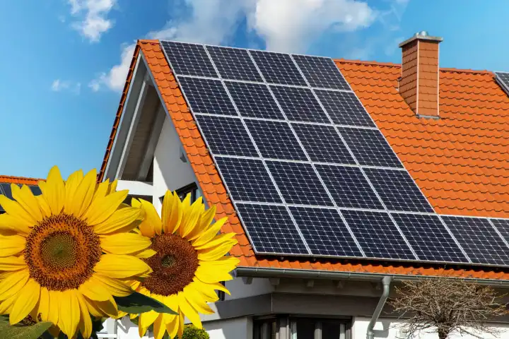 Photovoltaic system on a family house with sunflowers in the foreground (composing)