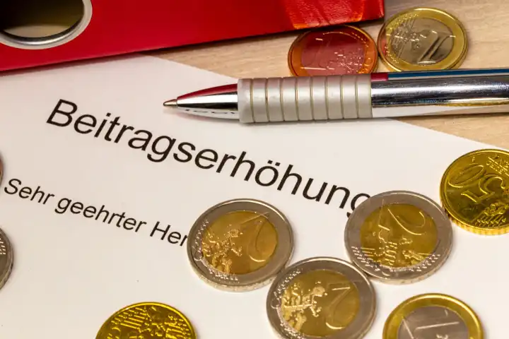 Symbolbild Beitragserhöhung: Anschreiben, Euro-Geldmünzen, Kugelschreiber und Ordner