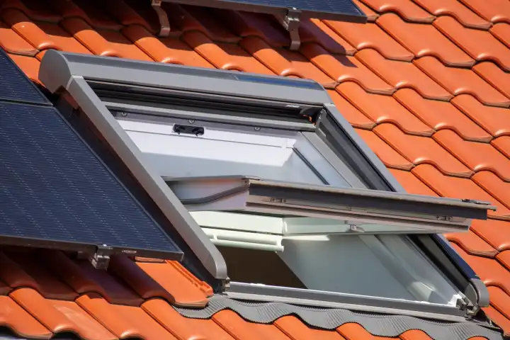 Geöffnetes Dachfenster an einem neuen Ziegeldach mit Solarkollektoren