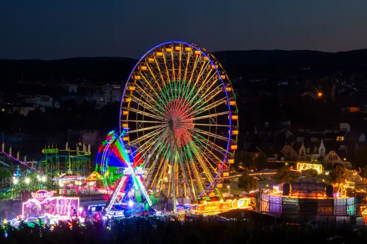 Night shot of the Wurstmarkt Bad Dürkheim 2023. The Bad Dürkheim Wurstmarkt takes place annually in September and is considered the largest wine festival in the world