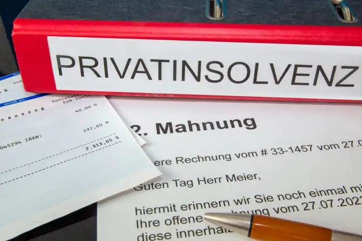 Symbolic image of private insolvency: folder, account statement and a reminder