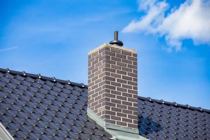 Chimney clad with clinker bricks on a tiled roof
