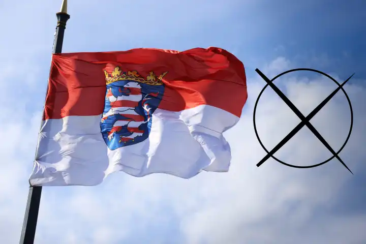 Die Landesflagge von Hessen und ein Wahlkreuz. Am 8. Oktober 2023 finden in Hessen die nächsten Landtagswahlen statt (Symbolbild, Composing)