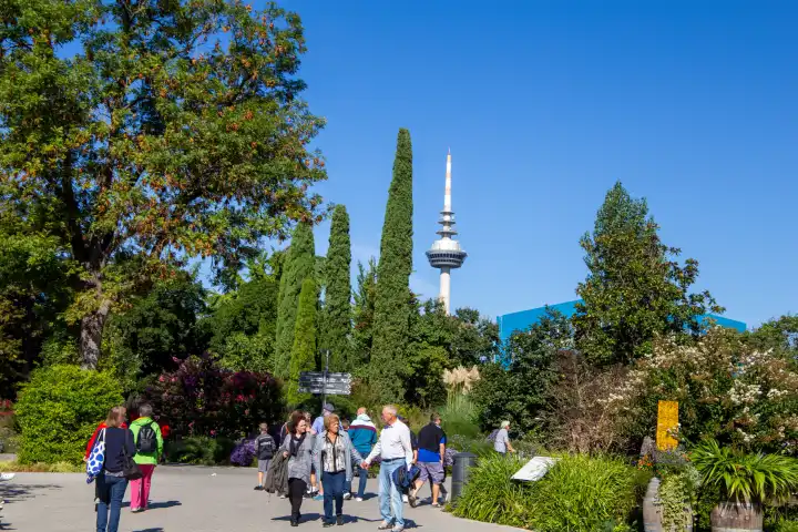 BUGA (Federal Horticultural Show) Mannheim 2023: Large crowd of visitors in good weather on the last Sunday in September. In two weeks, on 08 October, the Federal Horticultural Show 2023 ends. In the background you can see the well-known telecommunications tower