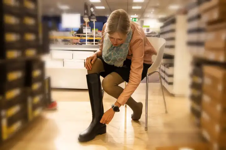 Symbolbild: Elegante junge Frau bei der Anprobe von kniehohen schwarzen Stiefeln in einem Geschäft (model released)