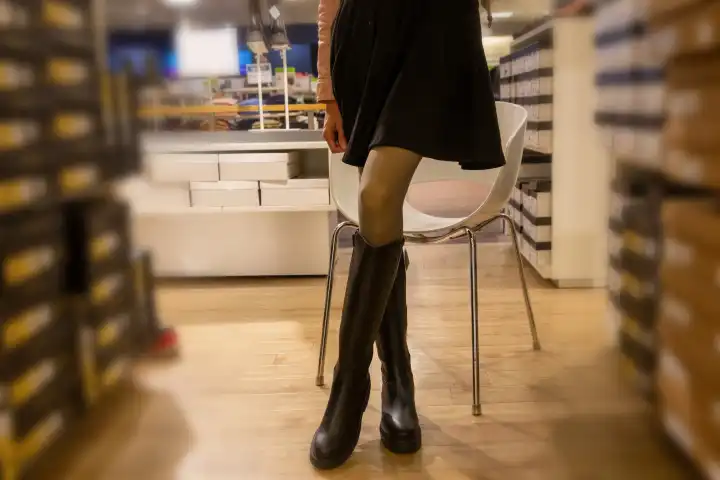 Symbolbild: Elegante junge Frau bei der Anprobe von kniehohen schwarzen Stiefeln in einem Geschäft (model released)