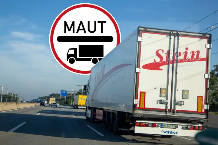 Symbolbild LKW-Maut: LKW-Verkehr auf der A 5 bei Frankfurt und das Verkehrszeichen 390 für Mautpflicht