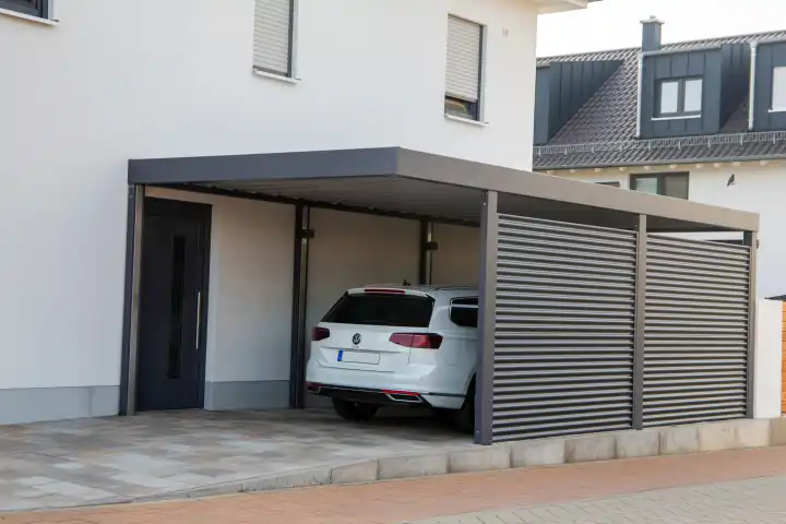 Moderner Carport aus Aluminium mit einem darin parkenden VW Golf GTE