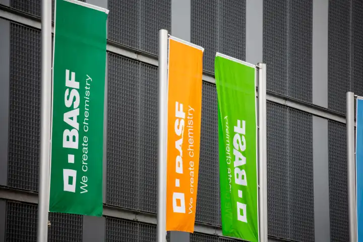 Flags of BASF in Ludwigshafen on the Rhine
