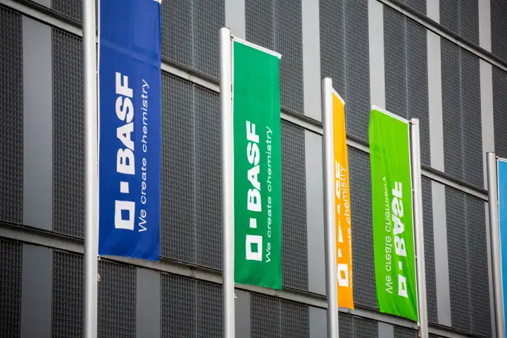 Flags of BASF in Ludwigshafen on the Rhine