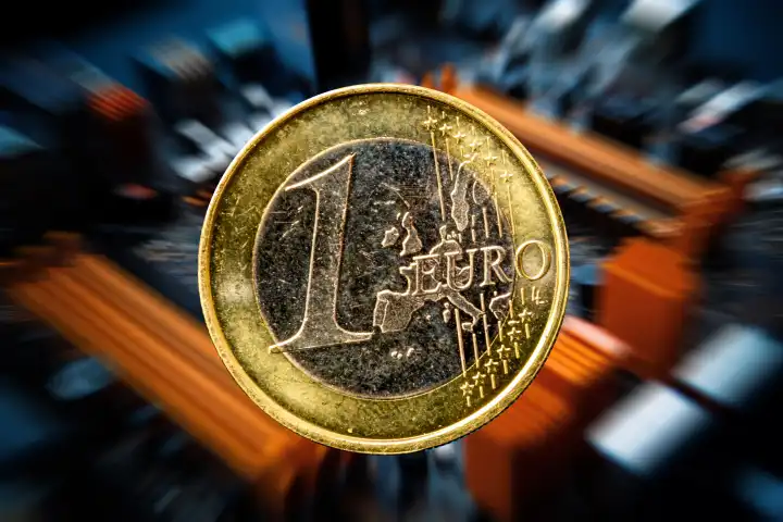 Symbolbild digitaler Euro: Ein-Euro-Münze vor einem virtuellen Hintergrund

