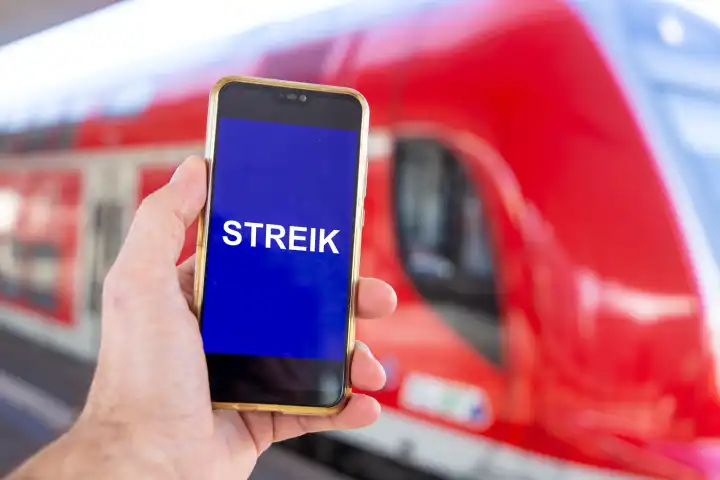GDL-Strike symbol image (German locomotive drivers' union): Close-up of a smartphone in front of a regional train