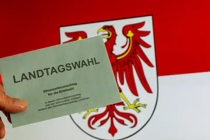 Symbol image Brandenburg state elections: Envelope for postal vote in front of the coat of arms of Brandenburg. The next state election will take place in September 2024

