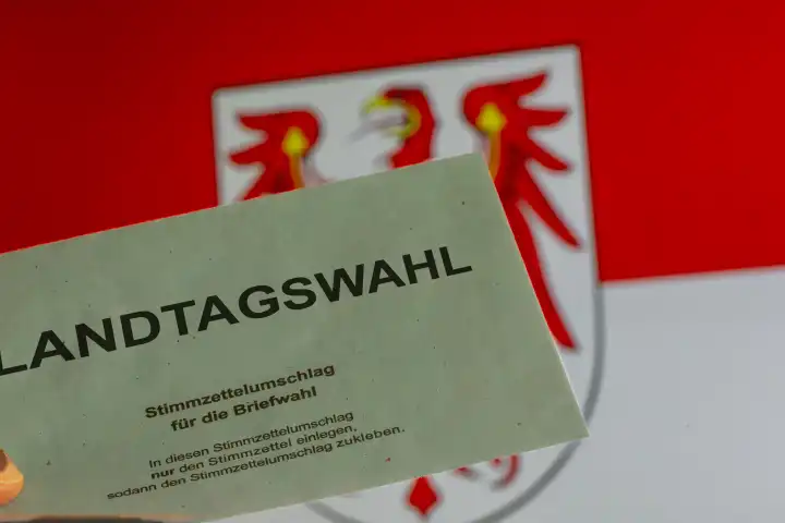 Symbol image Brandenburg state elections: Envelope for postal vote in front of the coat of arms of Brandenburg. The next state election will take place in September 2024