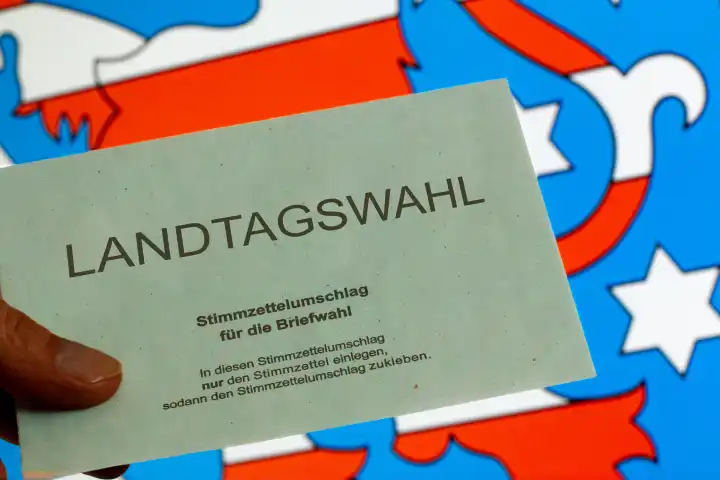 Symbolbild Landtagswahl in Thüringen: Umschlag zur Briefwahl vor dem Wappen von Thüringen. Im September 2024 findet die nächste Landtagswahl statt