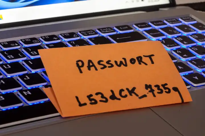 Note with a password on the keyboard of a laptop
