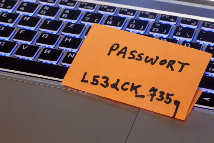 Zettel mit einem Passwort auf der Tastatur eines Laptops